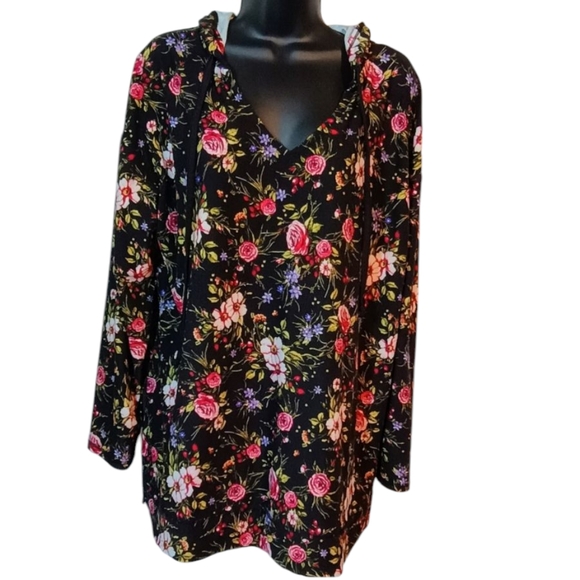 LuLaRoe Tops - Lularoe Black Multi Color Floral Long Sleeve Lightweight Hoodie Size XL